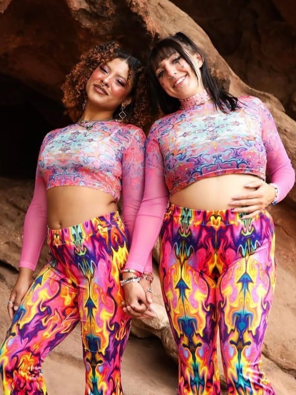 Glowiiscape Psychedelic Mesh Long-Sleeve Crop Top in Pink Multicolor